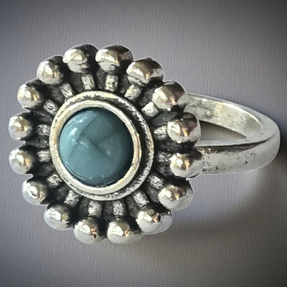 NATURAL TURQUOISE SUNFLOWER BEZEL SET SILVER NEW SIZE 6 RING 1 LEFT SALE